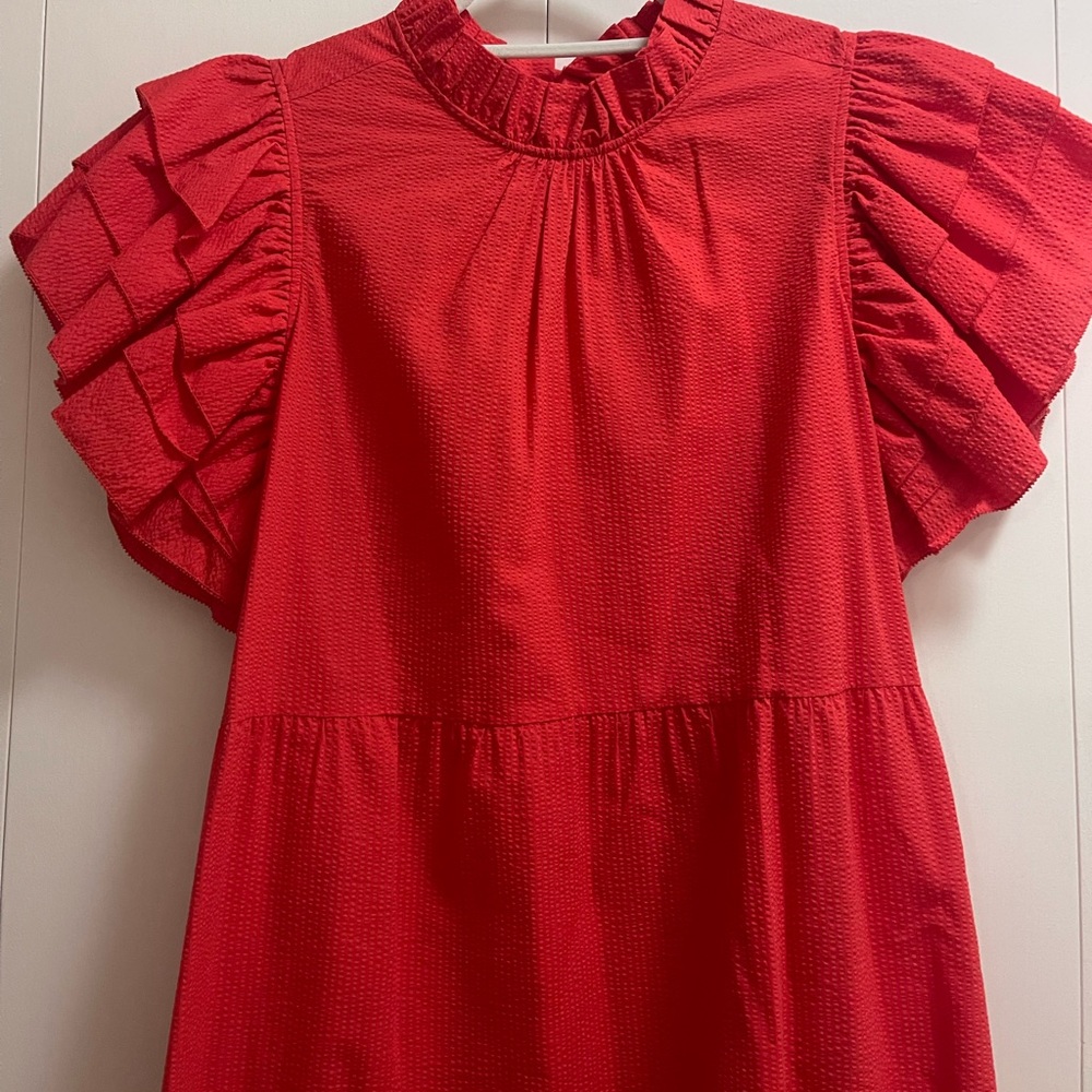 MARIE OLIVER RED RUFFLE SLEEVE TEXTURED DRESS  NWOT